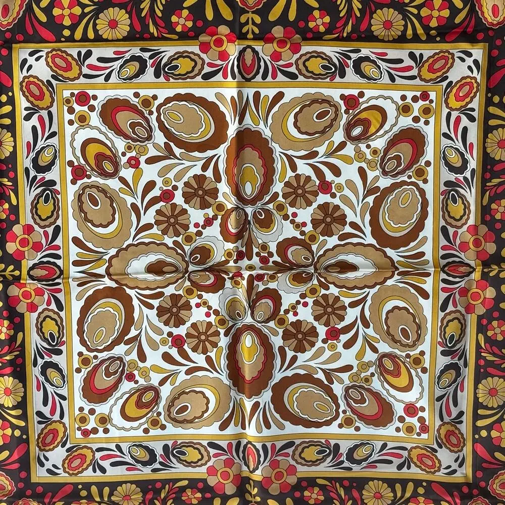 Vintage 70s silky square scarf brown tan gold orange paisley print hand rolled